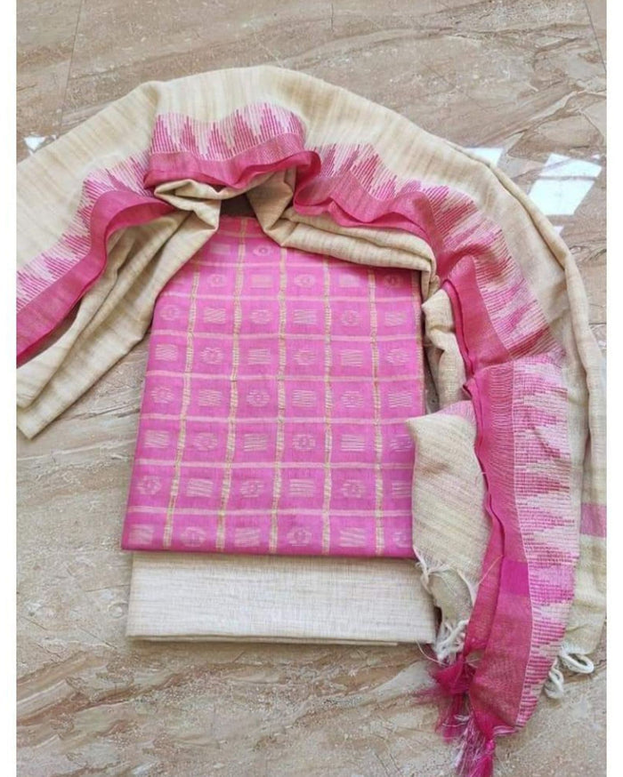 Striking Khadi Cotton Handcrafted Pink Suit (T+B+D)