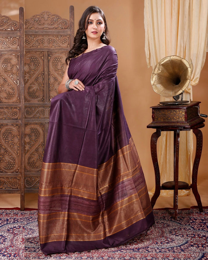 Pure Eri Silk Purple Saree with Running Blouse-Indiehaat