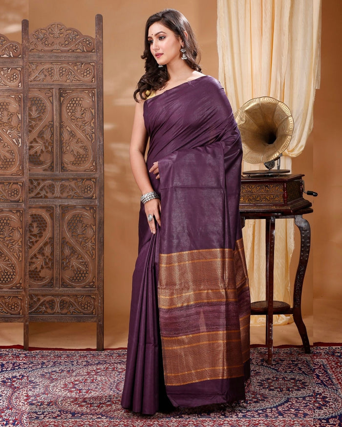 Pure Eri Silk Purple Saree with Running Blouse-Indiehaat