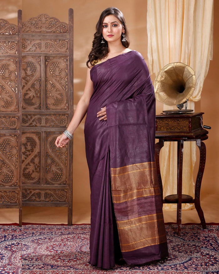 Pure Eri Silk Purple Saree with Running Blouse-Indiehaat