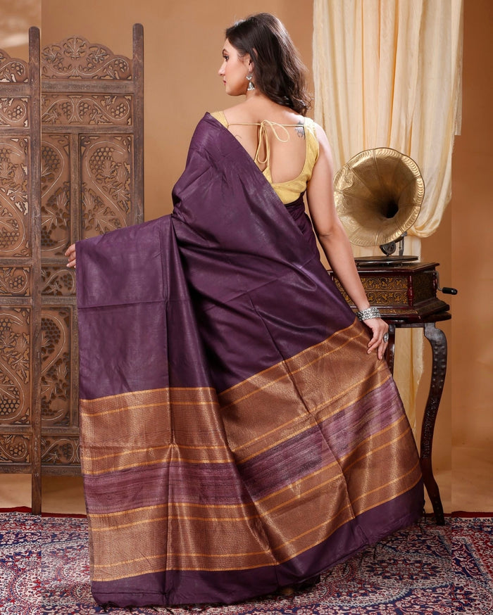 Pure Eri Silk Purple Saree with Running Blouse-Indiehaat