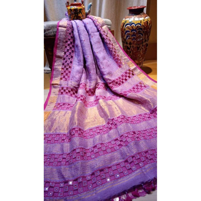 Pure Linen Hand Cutwork Design Purple color Saree with Running Blouse-Indiehaat