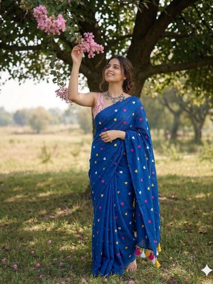 Indiehaat | Mul Cotton Embroidered Blue Saree