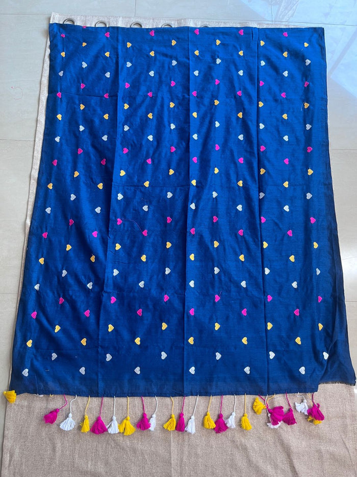 Indiehaat | Mul Cotton Embroidered Blue Saree