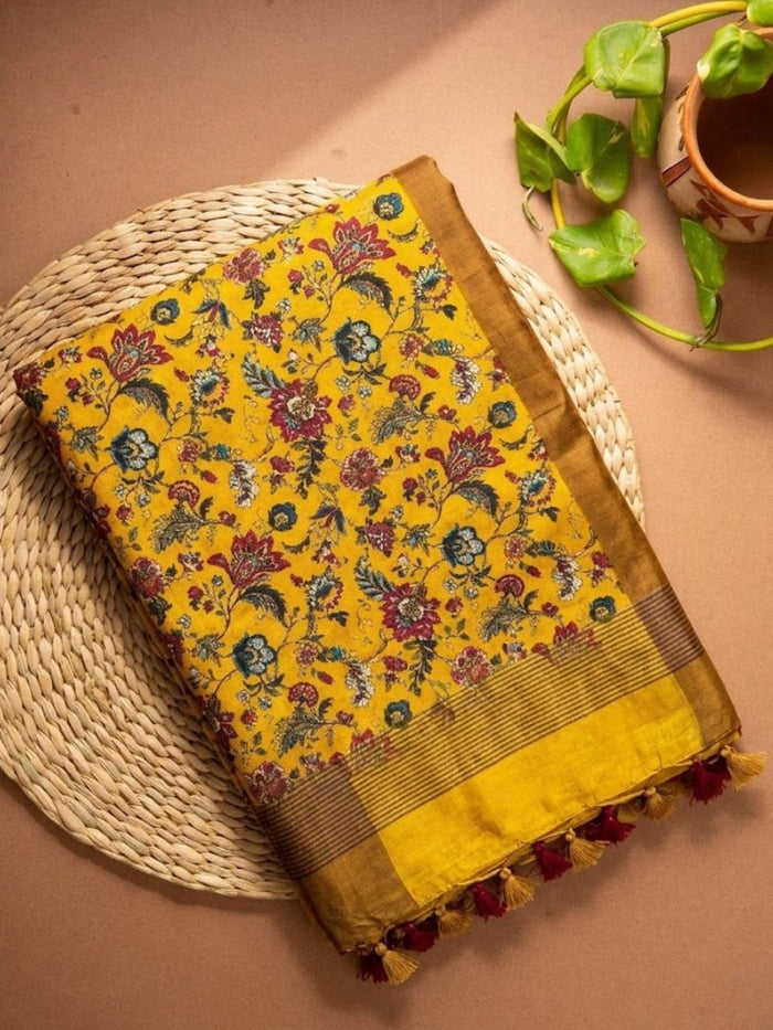Indiehaat | Blockprint Modal Silk Saree Yellow