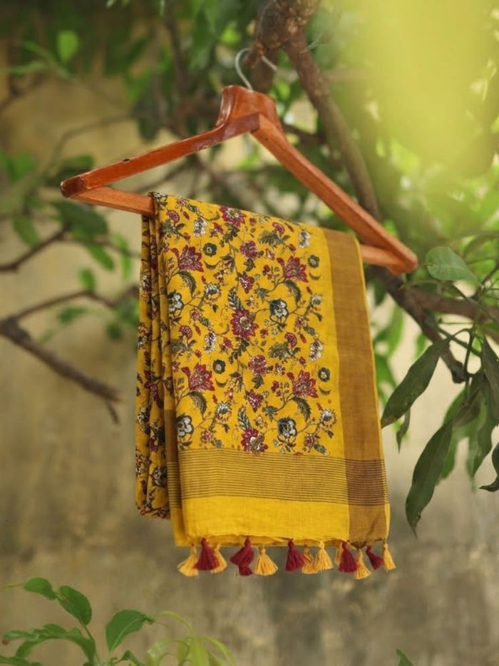 Indiehaat | Blockprint Modal Silk Saree Yellow