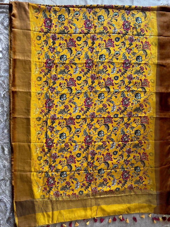 Indiehaat | Blockprint Modal Silk Saree Yellow