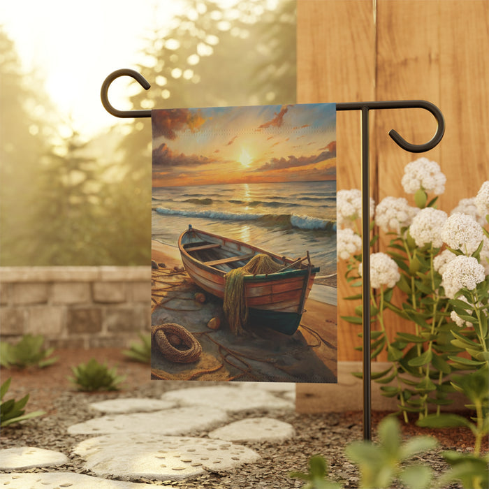 Sunset Beach Boat Garden Flag & Porch Banner Coastal Yard Art Decor Sign