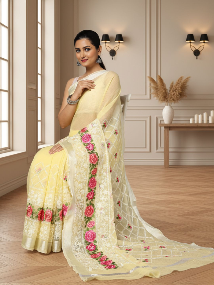 Sunshine Chikenkari Pure Cotton Kota Doria Yellow Saree