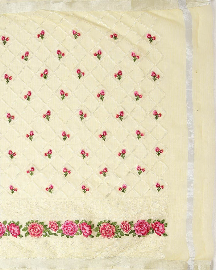 Sunshine Chikenkari Pure Cotton Kota Doria Yellow Saree