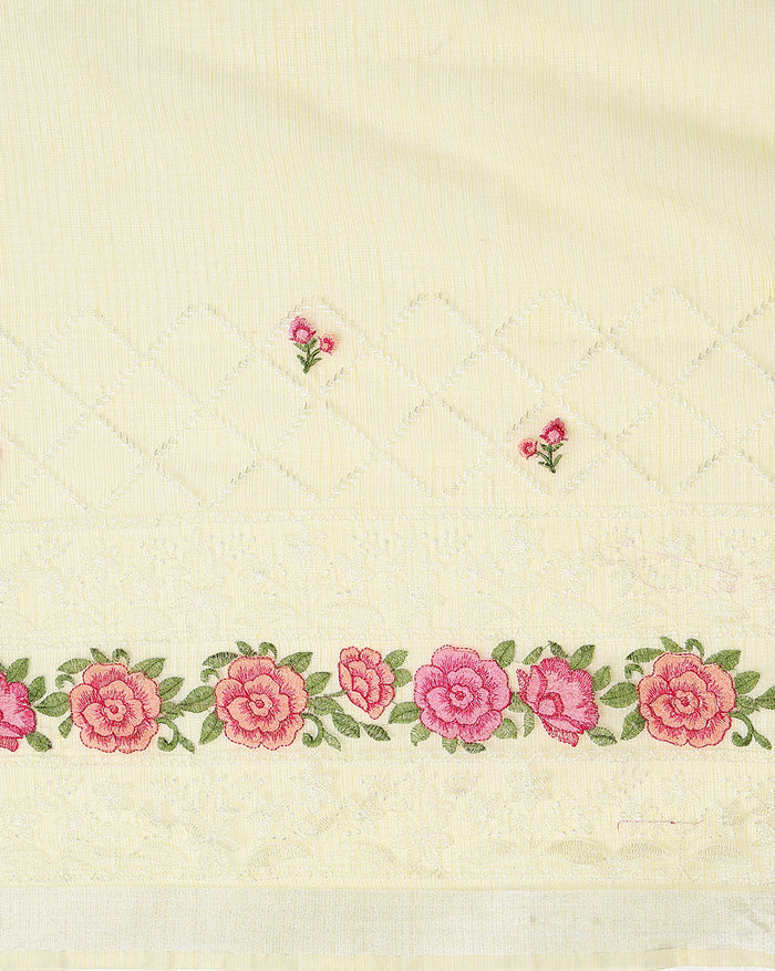 Sunshine Chikenkari Pure Cotton Kota Doria Yellow Saree