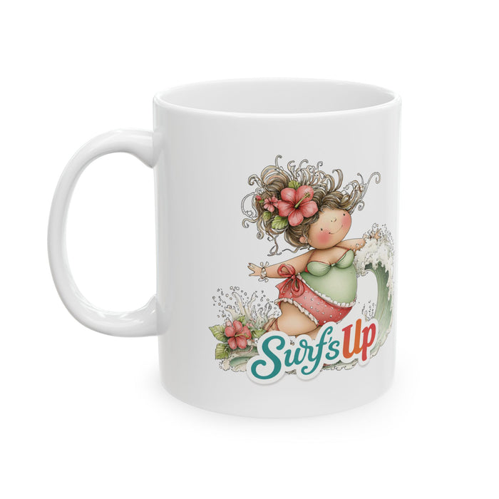 Surf’s Up Coffee Mug Cute Beach Girl Surfing Tropical Summer Gift Coastal Cup