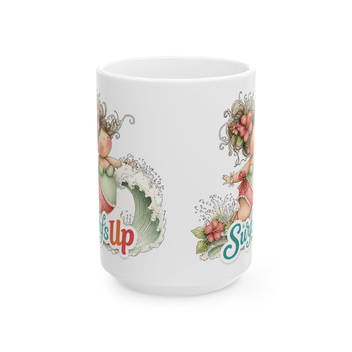 Surf’s Up Coffee Mug Cute Beach Girl Surfing Tropical Summer Gift Coastal Cup