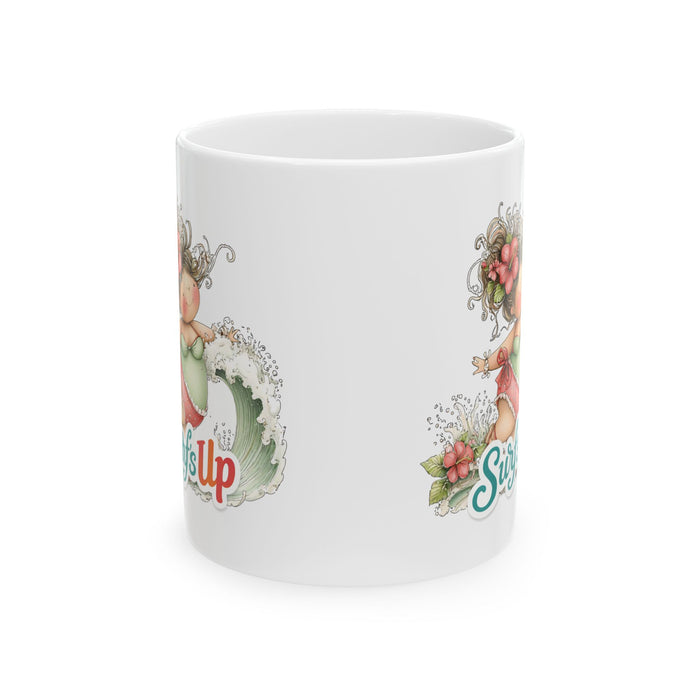 Surf’s Up Coffee Mug Cute Beach Girl Surfing Tropical Summer Gift Coastal Cup