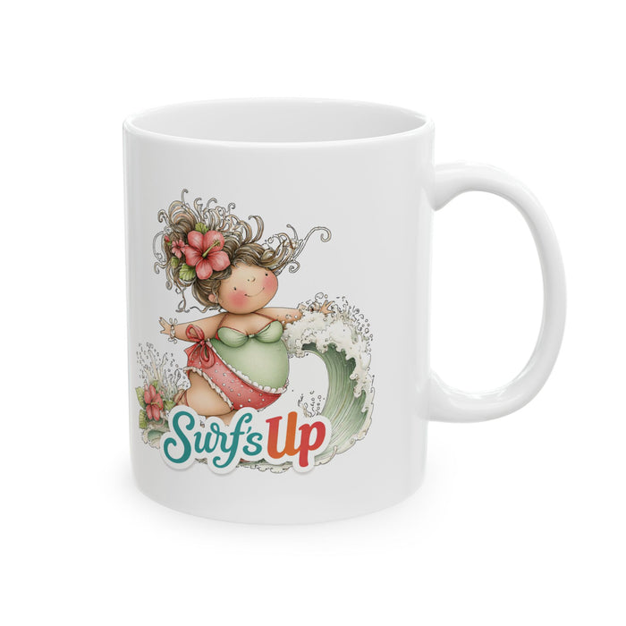 Surf’s Up Coffee Mug Cute Beach Girl Surfing Tropical Summer Gift Coastal Cup
