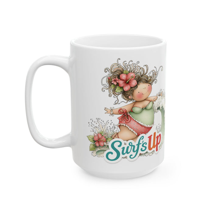Surf’s Up Coffee Mug Cute Beach Girl Surfing Tropical Summer Gift Coastal Cup