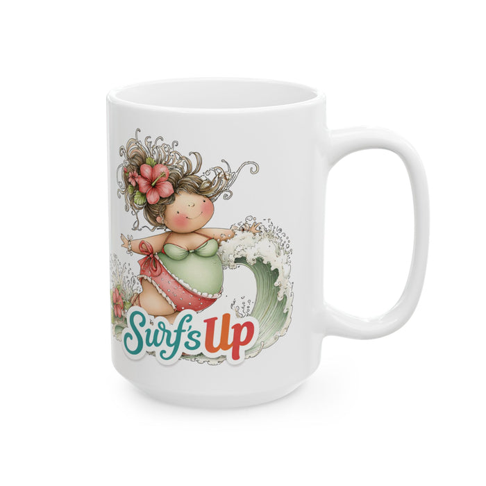 Surf’s Up Coffee Mug Cute Beach Girl Surfing Tropical Summer Gift Coastal Cup