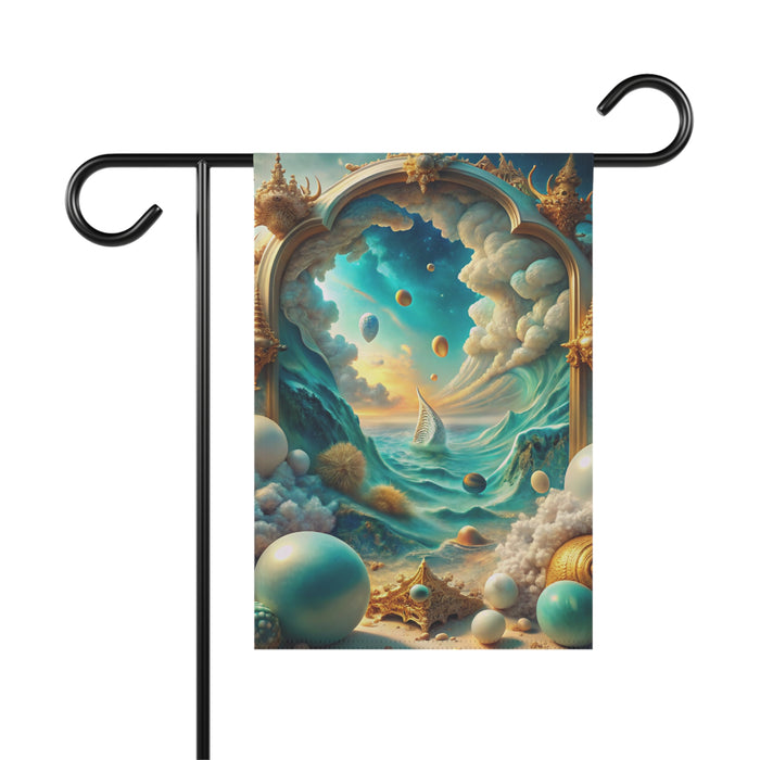 Decorative garden flag with a fantasy seascape design featuring clouds, stars, and a ship.