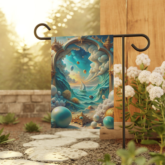 Decorative garden flag with fantasy design featuring a ship, castle, and celestial elements, displayed outdoors.