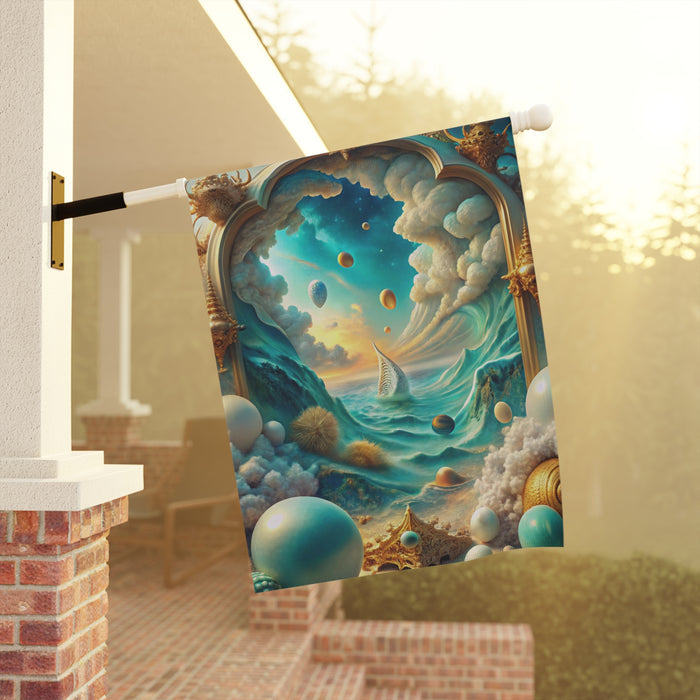 Decorative curtain with a fantasy design featuring clouds, planets, and a sailboat in a room.