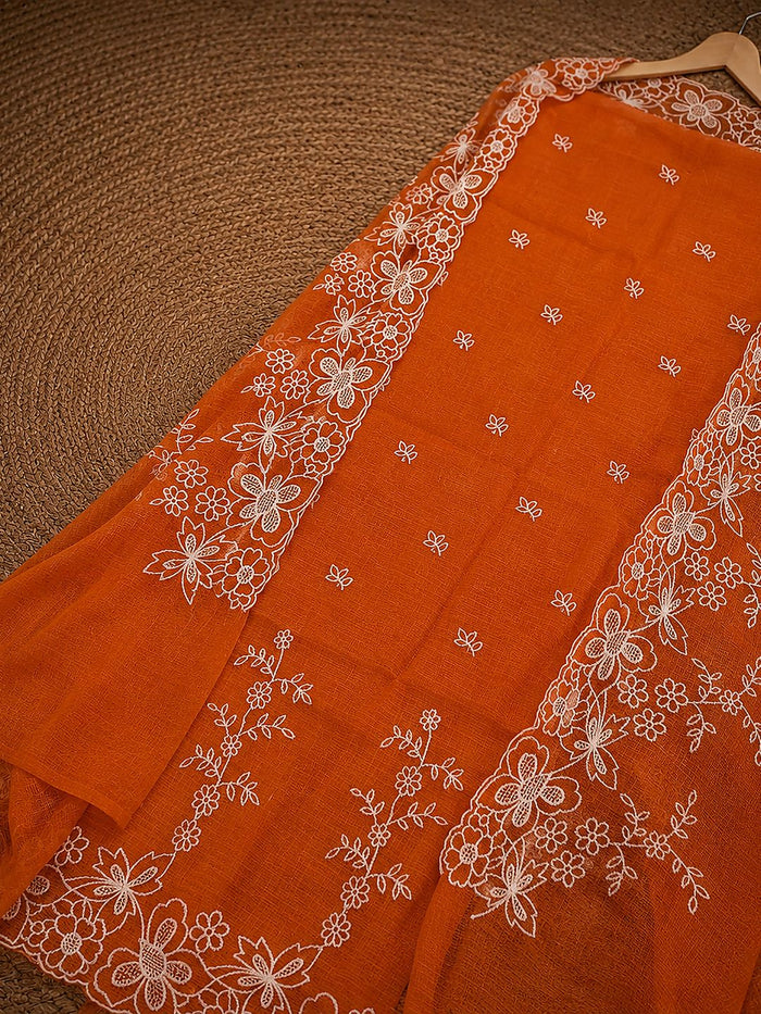 Indiehaat | Orange Kota Doria Suit Set | Embroidery