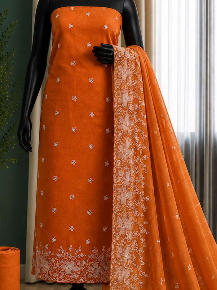 Indiehaat | Orange Kota Doria Suit Set | Embroidery