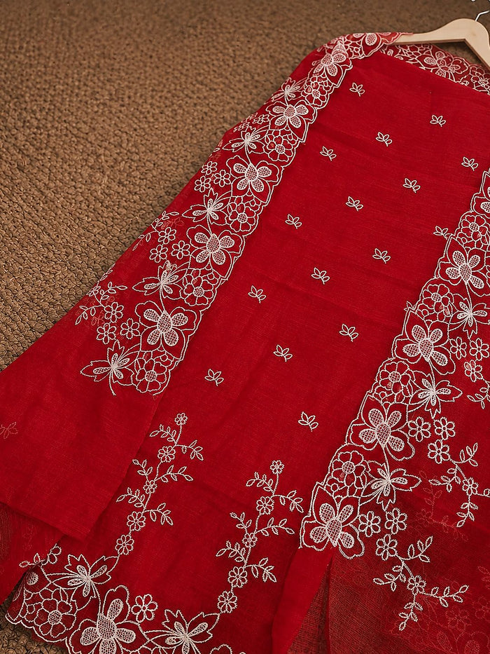 Indiehaat | Red Kota Doria Suit Set | Embroidery