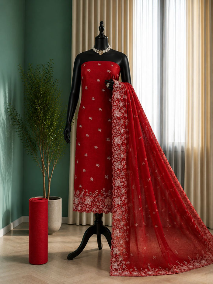 Indiehaat | Red Kota Doria Suit Set | Embroidery