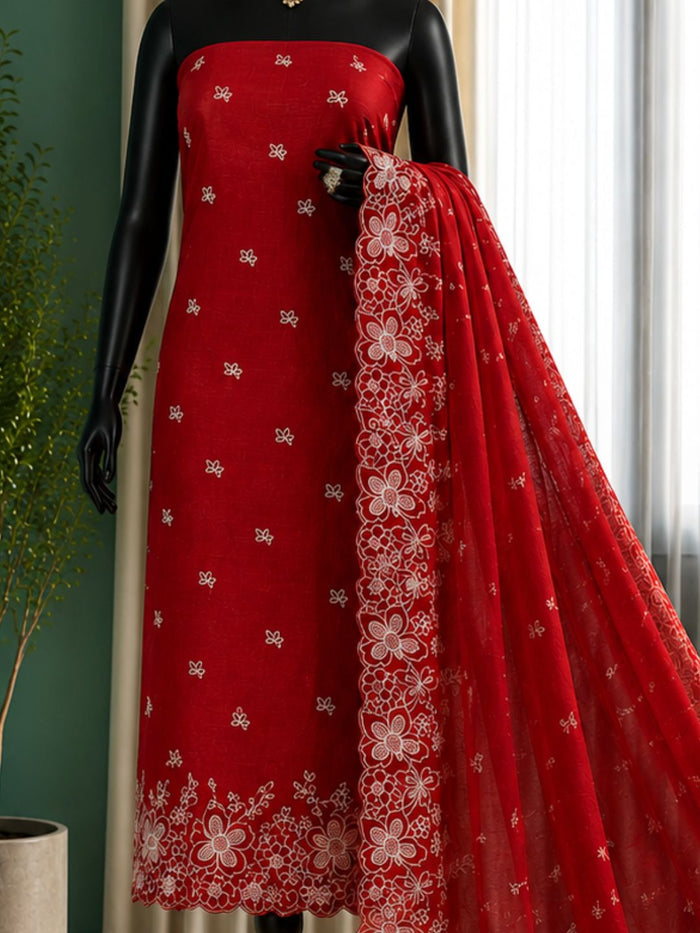 Indiehaat | Red Kota Doria Suit Set | Embroidery