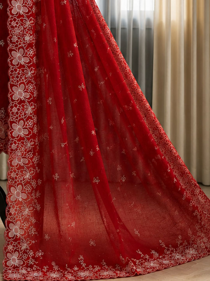 Indiehaat | Red Kota Doria Suit Set | Embroidery