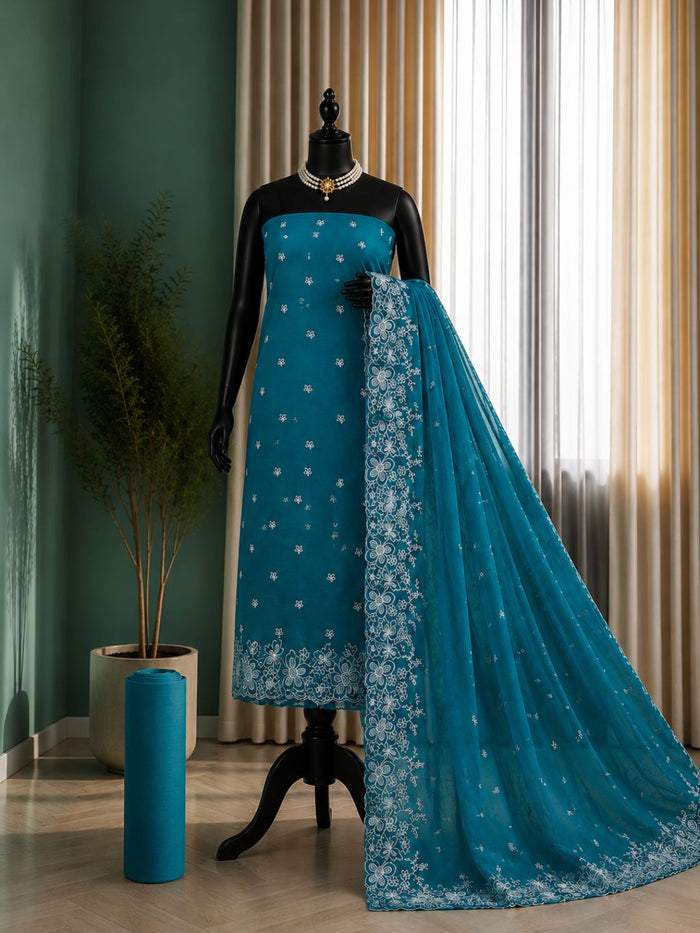 Indiehaat | Teal Kota Doria Suit Set | Embroidery