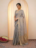 Indiehaat | Pure Tissue Linen Handloom Saree Gray
