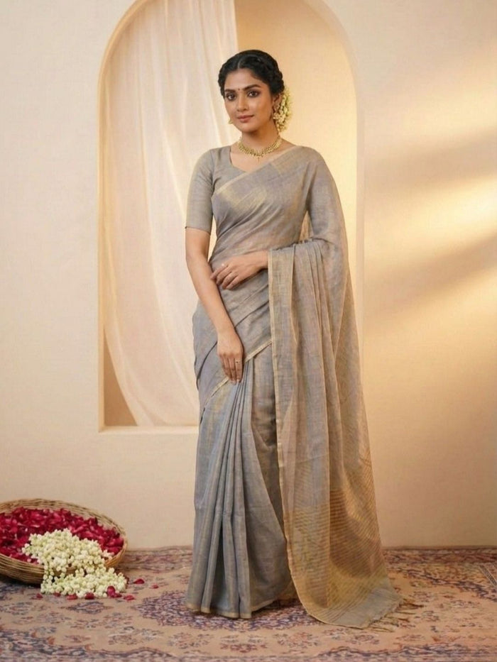 Indiehaat | Pure Tissue Linen Handloom Saree Gray