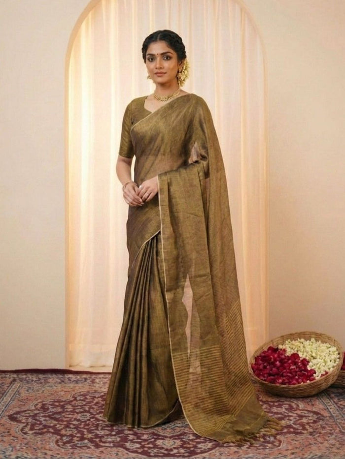 Indiehaat | Pure Tissue Linen Handloom Saree Green