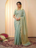 Indiehaat | Pure Tissue Linen Handloom Saree Green