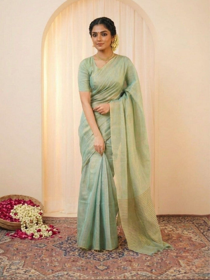 Indiehaat | Pure Tissue Linen Handloom Saree Green