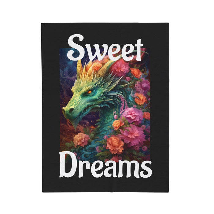 Colorful dragon illustration with flowers and 'Sweet Dreams' text on a black background
