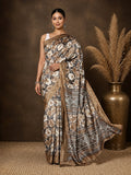 Taupe, brown and white floral printed Kashmiri Silk saree with a panelled geometric diamond pallu.
