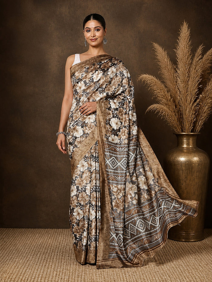 Taupe, brown and white floral printed Kashmiri Silk saree with a panelled geometric diamond pallu.