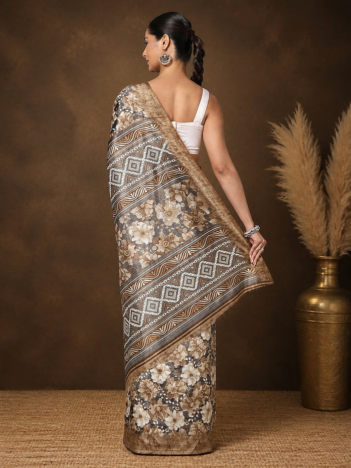 Indiehaat | Kashmiri Silk Printed Saree Taupe & Brown