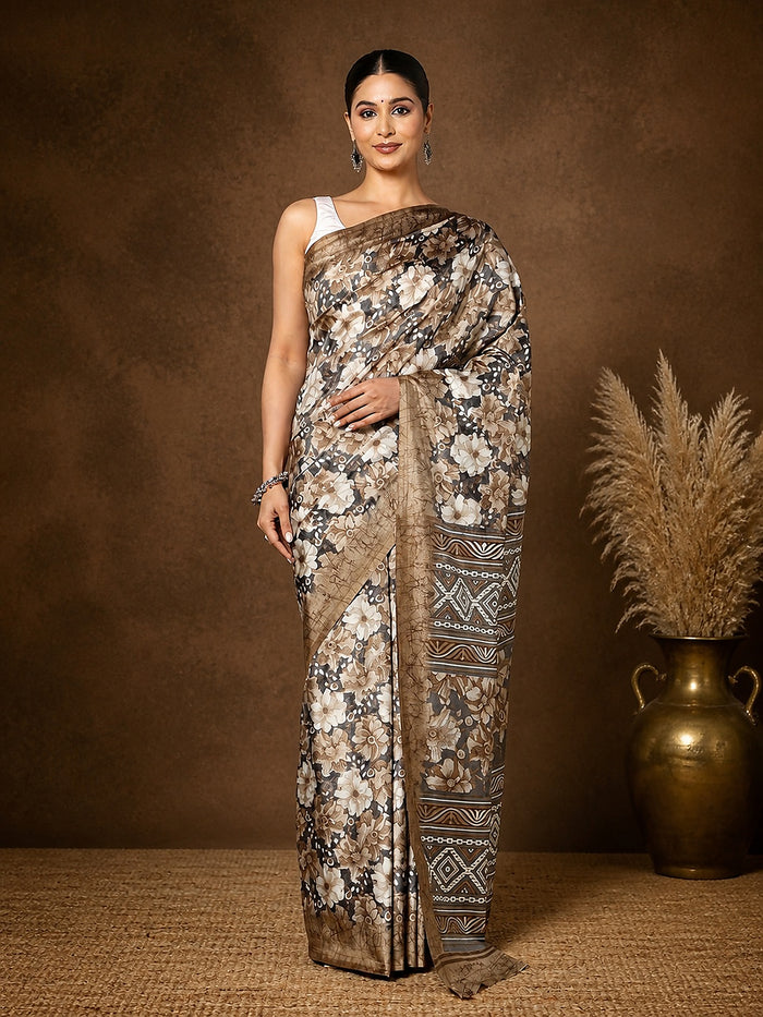 Indiehaat | Kashmiri Silk Printed Saree Taupe & Brown