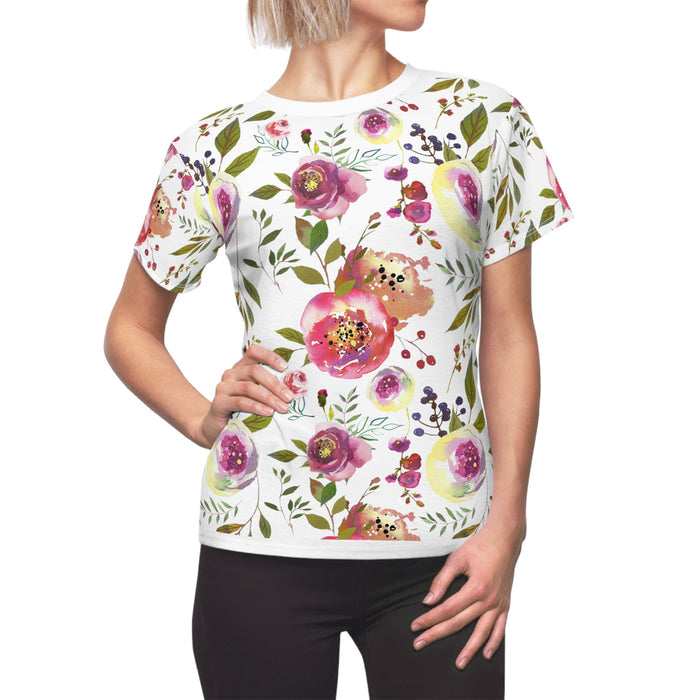 Tea Rose Women's Cut & Sew Tee (AOP) Pink Flower Shirt for Women