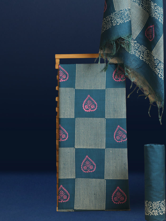 Deep teal blue and pale grey Katan silk suit set hand block printed in a grid of solid leaf motifs and striped rectangular panels with pink detailing.