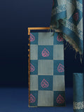 Deep teal blue and pale grey Katan silk suit set hand block printed in a grid of solid leaf motifs and striped rectangular panels with pink detailing.