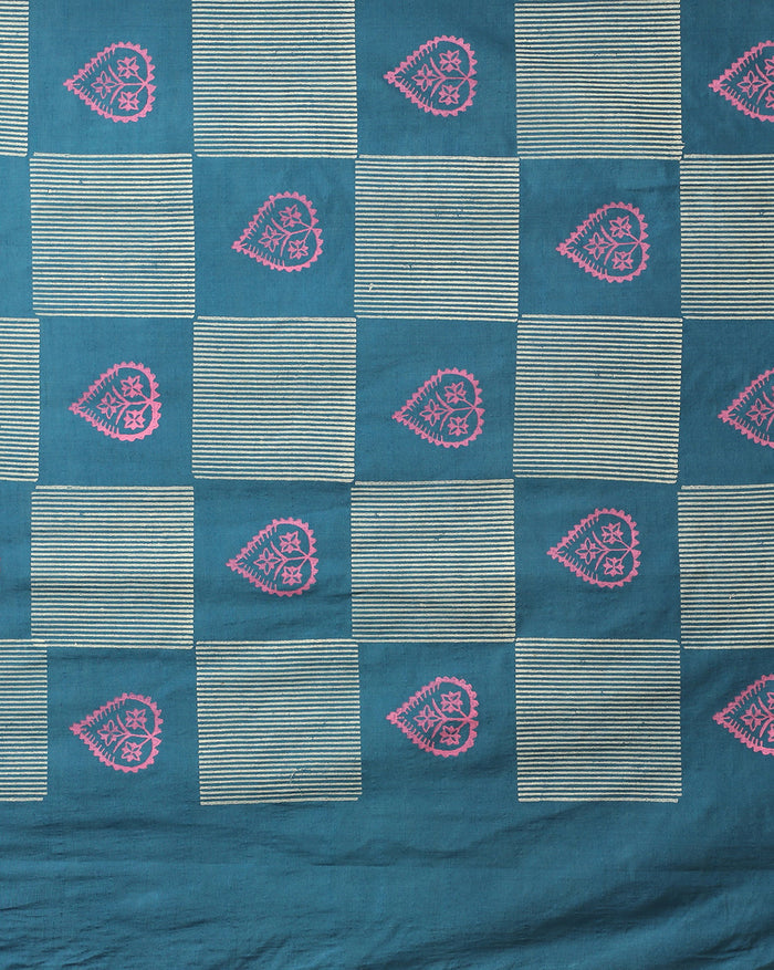 Deep teal blue and pale grey Katan silk suit set hand block printed in a grid of solid leaf motifs and striped rectangular panels with pink detailing.