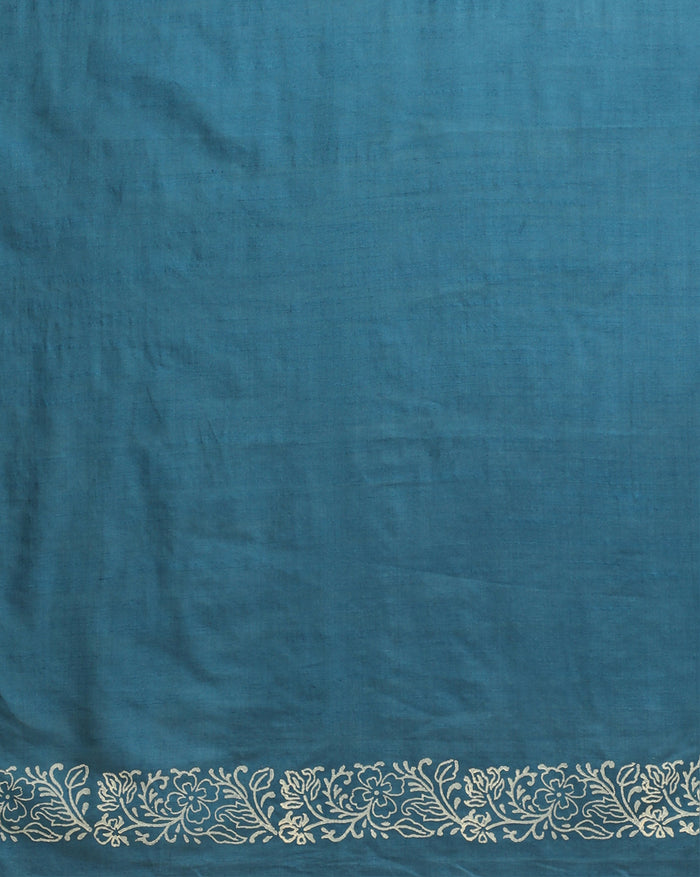 Deep teal blue and pale grey Katan silk suit set hand block printed in a grid of solid leaf motifs and striped rectangular panels with pink detailing.