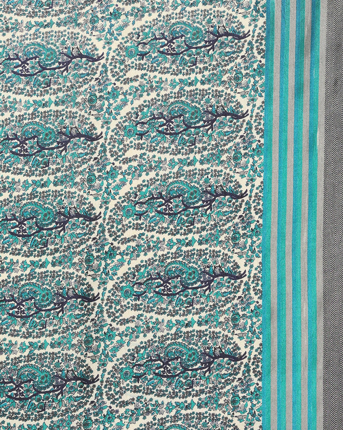 Indiehaat | Kashmiri Silk Printed Saree White & Teal
