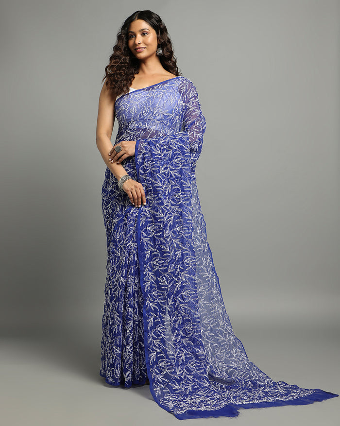 Georgette Handcrafted Tepchi work Blue Saree-Indiehaat