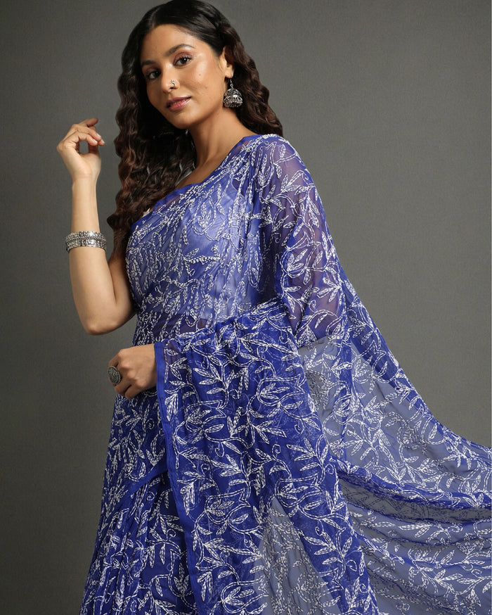 Georgette Handcrafted Tepchi work Blue Saree-Indiehaat