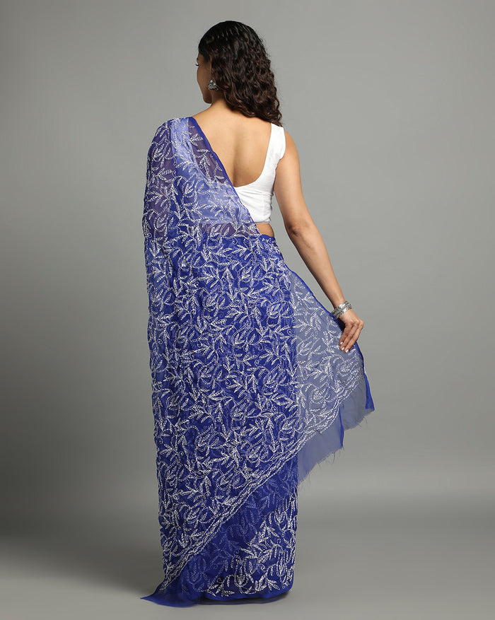 Georgette Handcrafted Tepchi work Blue Saree-Indiehaat